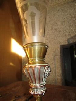 Très belle bouquetière ancienne en bronze doré / vase cornet en cristal gravé