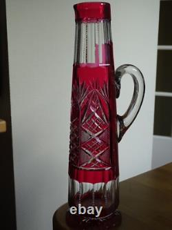 VAL SAINT LAMBERT ANCIENNE CANETTE PITCHER COLORER ROUGE CRISTAL TAILLER 35 cm