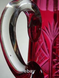 VAL SAINT LAMBERT ANCIENNE CANETTE PITCHER COLORER ROUGE CRISTAL TAILLER 35 cm