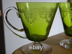VAL ST LAMBERT CRISTAL 2 ANCIENS VERRES THE GRAVURE 1900 CHARTREUSE ht 8 cm