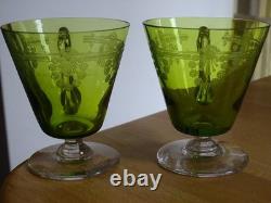 VAL ST LAMBERT CRISTAL 2 ANCIENS VERRES THE GRAVURE 1900 CHARTREUSE ht 8 cm