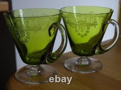 VAL ST LAMBERT CRISTAL 2 ANCIENS VERRES THE GRAVURE 1900 CHARTREUSE ht 8 cm