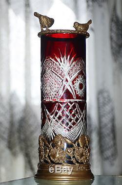 Vase Ancien Cristal Grave A La Roue Antique Monture Orné Laiton Voiseau Boheme