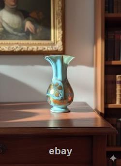 Vase OPALINE VERRE D'EAU Art Déco ANCIEN Décor FLORAL DORÉ Style BOHEME Vintage