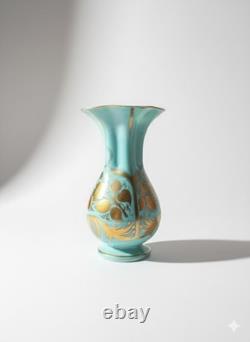 Vase OPALINE VERRE D'EAU Art Déco ANCIEN Décor FLORAL DORÉ Style BOHEME Vintage