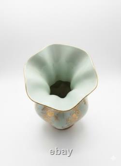 Vase OPALINE VERRE D'EAU Art Déco ANCIEN Décor FLORAL DORÉ Style BOHEME Vintage