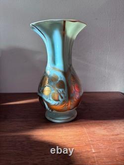 Vase OPALINE VERRE D'EAU Art Déco ANCIEN Décor FLORAL DORÉ Style BOHEME Vintage