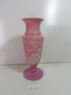 Vase ancien opaline rose decor floral & papillon 24cm