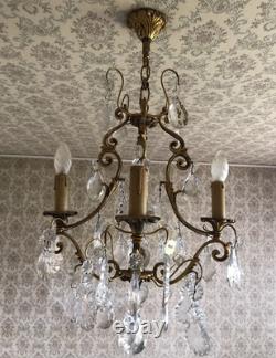 Vintage ancien LUSTRE doré LAMPE en SUSPENSION pampilles VERRES cristal brillant