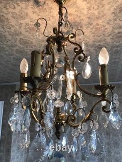 Vintage ancien LUSTRE doré LAMPE en SUSPENSION pampilles VERRES cristal brillant