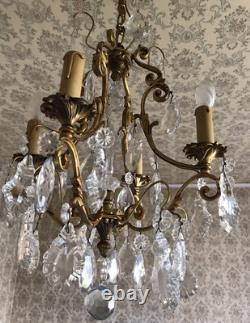 Vintage ancien LUSTRE doré LAMPE en SUSPENSION pampilles VERRES cristal brillant