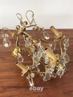 Vintage ancien LUSTRE doré LAMPE en SUSPENSION pampilles VERRES cristal brillant