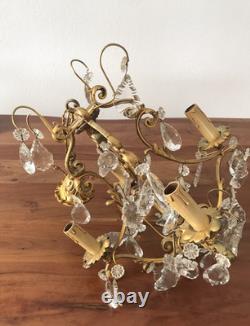 Vintage ancien LUSTRE doré LAMPE en SUSPENSION pampilles VERRES cristal brillant