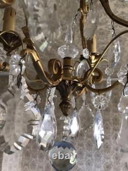 Vintage ancien LUSTRE doré LAMPE en SUSPENSION pampilles VERRES cristal brillant