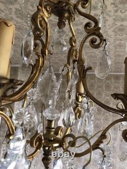 Vintage ancien LUSTRE doré LAMPE en SUSPENSION pampilles VERRES cristal brillant