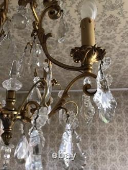 Vintage ancien LUSTRE doré LAMPE en SUSPENSION pampilles VERRES cristal brillant
