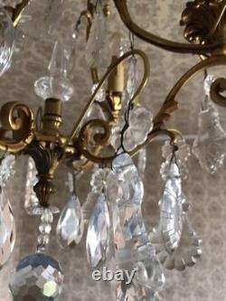 Vintage ancien LUSTRE doré LAMPE en SUSPENSION pampilles VERRES cristal brillant