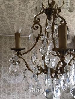 Vintage ancien LUSTRE doré LAMPE en SUSPENSION pampilles VERRES cristal brillant