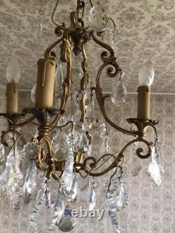 Vintage ancien LUSTRE doré LAMPE en SUSPENSION pampilles VERRES cristal brillant