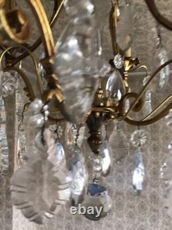 Vintage ancien LUSTRE doré LAMPE en SUSPENSION pampilles VERRES cristal brillant