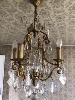 Vintage ancien LUSTRE doré LAMPE en SUSPENSION pampilles VERRES cristal brillant