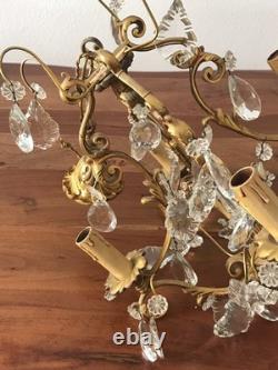 Vintage ancien LUSTRE doré LAMPE en SUSPENSION pampilles VERRES cristal brillant