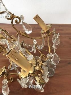 Vintage ancien LUSTRE doré LAMPE en SUSPENSION pampilles VERRES cristal brillant