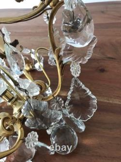 Vintage ancien LUSTRE doré LAMPE en SUSPENSION pampilles VERRES cristal brillant