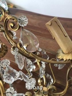 Vintage ancien LUSTRE doré LAMPE en SUSPENSION pampilles VERRES cristal brillant