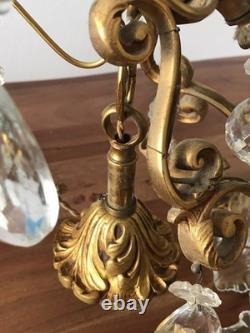 Vintage ancien LUSTRE doré LAMPE en SUSPENSION pampilles VERRES cristal brillant