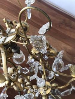 Vintage ancien LUSTRE doré LAMPE en SUSPENSION pampilles VERRES cristal brillant