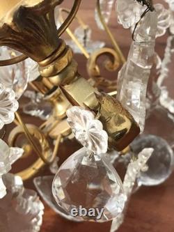 Vintage ancien LUSTRE doré LAMPE en SUSPENSION pampilles VERRES cristal brillant