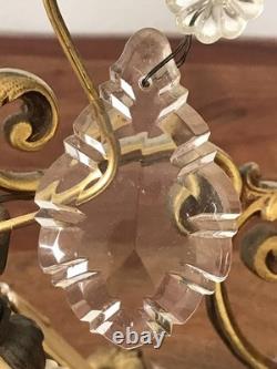 Vintage ancien LUSTRE doré LAMPE en SUSPENSION pampilles VERRES cristal brillant